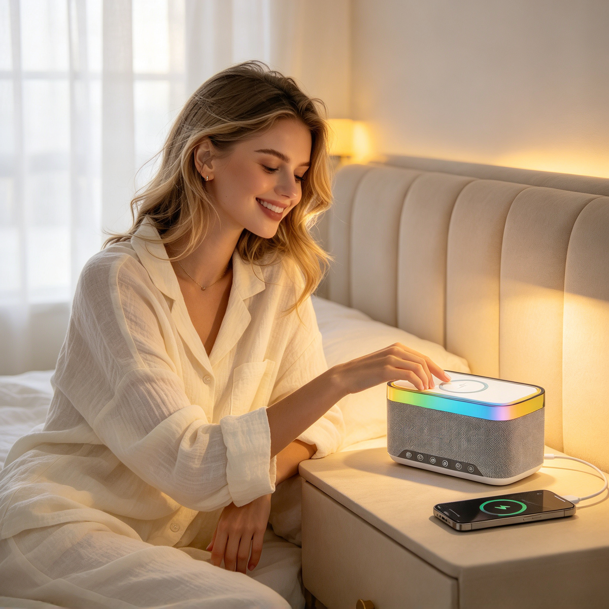 🌈 Smart Speaker | Mesh Fabric | Bedside Gift | Colorful LED Glow